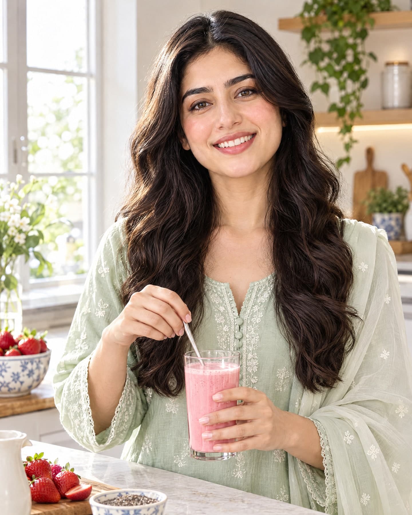 A Pakistani woman in a pastel-green shalwar kameez smiling in her sunlit kitchen with a glass of strawberry-pink drink
