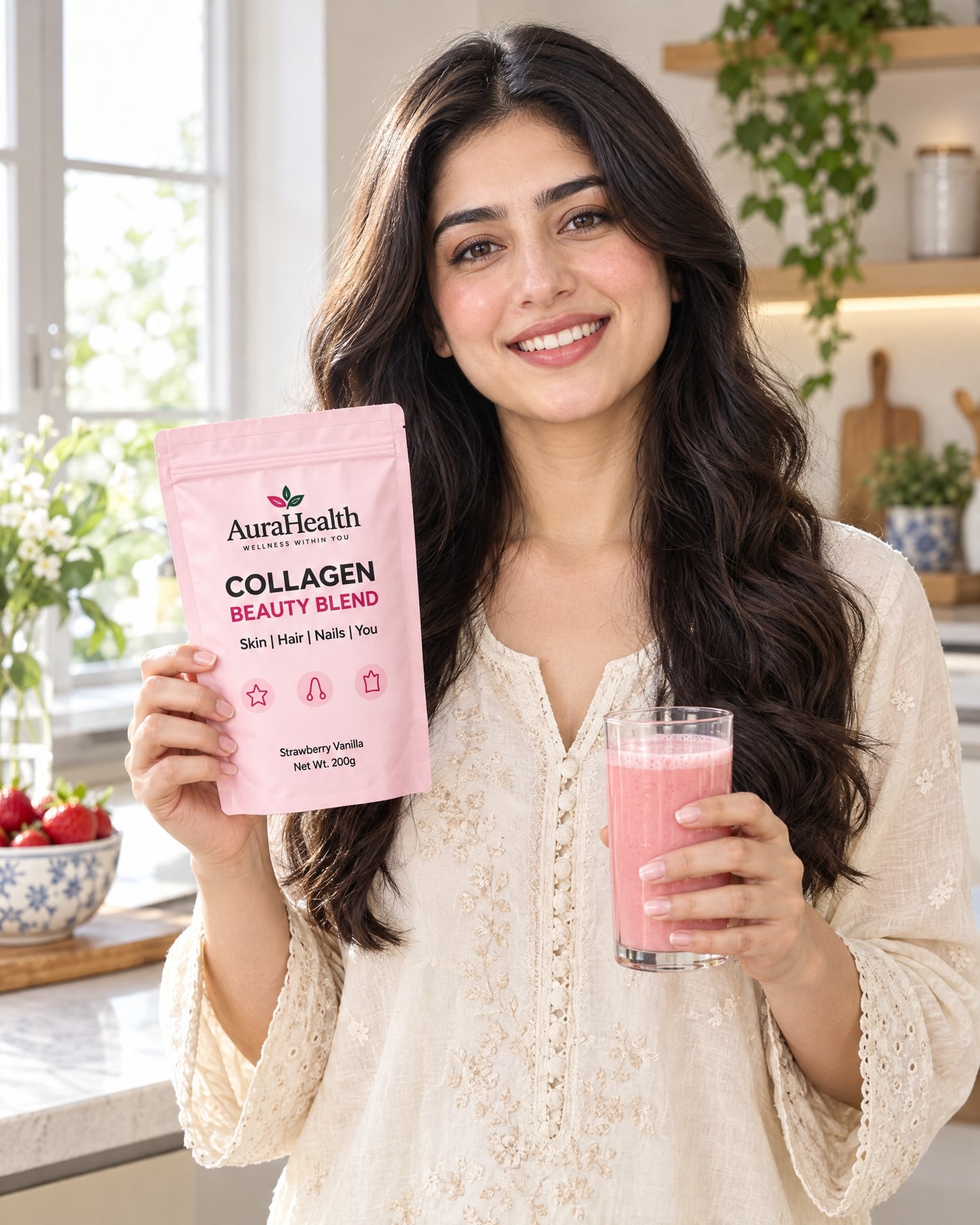 A Pakistani woman smiling in her kitchen, holding the AuraHealth Collagen Beauty Blend pouch and a strawberry-pink drink