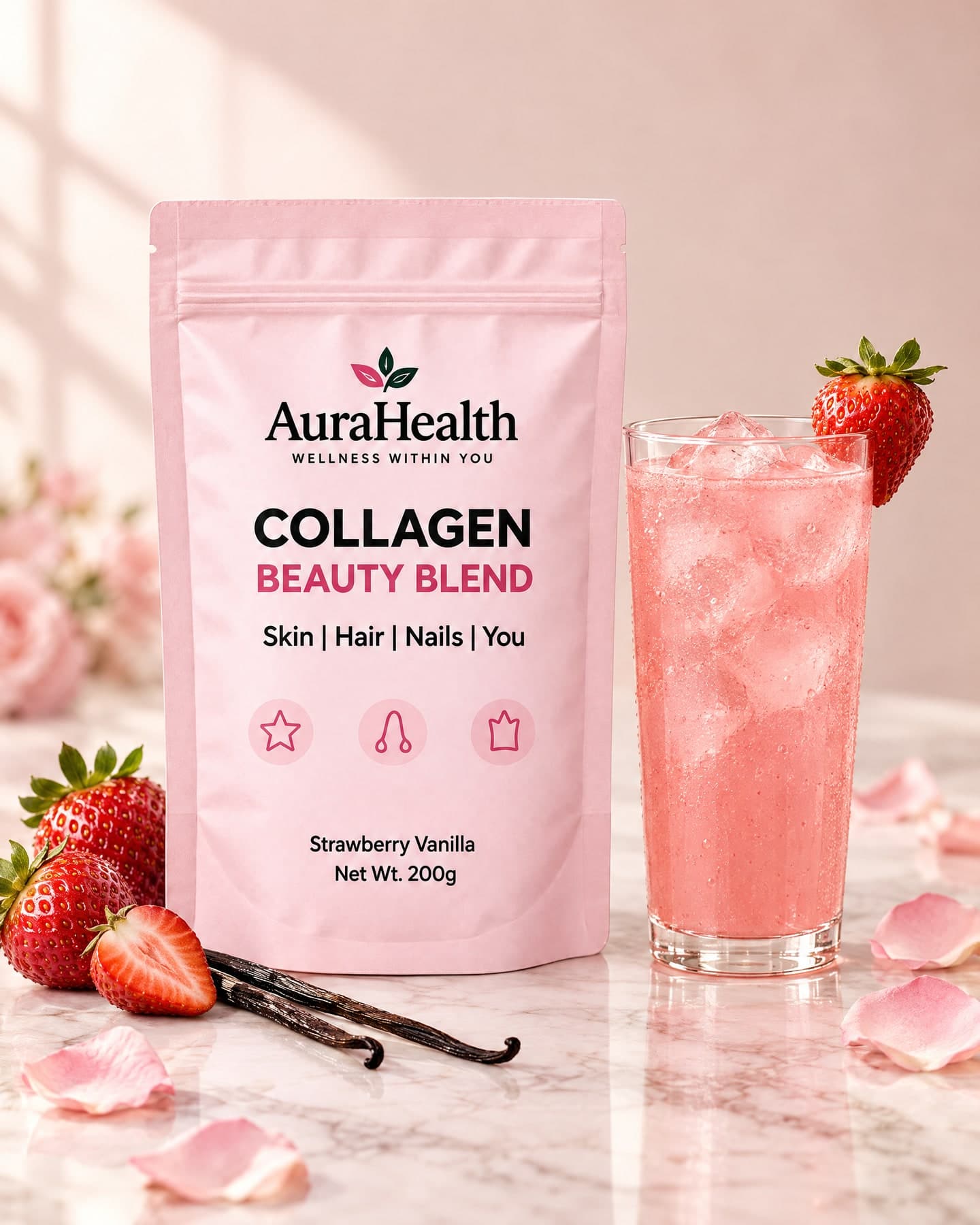 AuraHealth Collagen Beauty Blend pouch beside a glass of strawberry-vanilla drink with fresh strawberries and vanilla pods