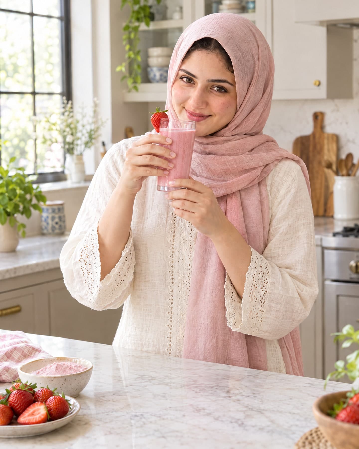 The same Pakistani woman in her blush-pink hijab smiling as she holds a glass of strawberry-pink drink with a fresh strawberry
