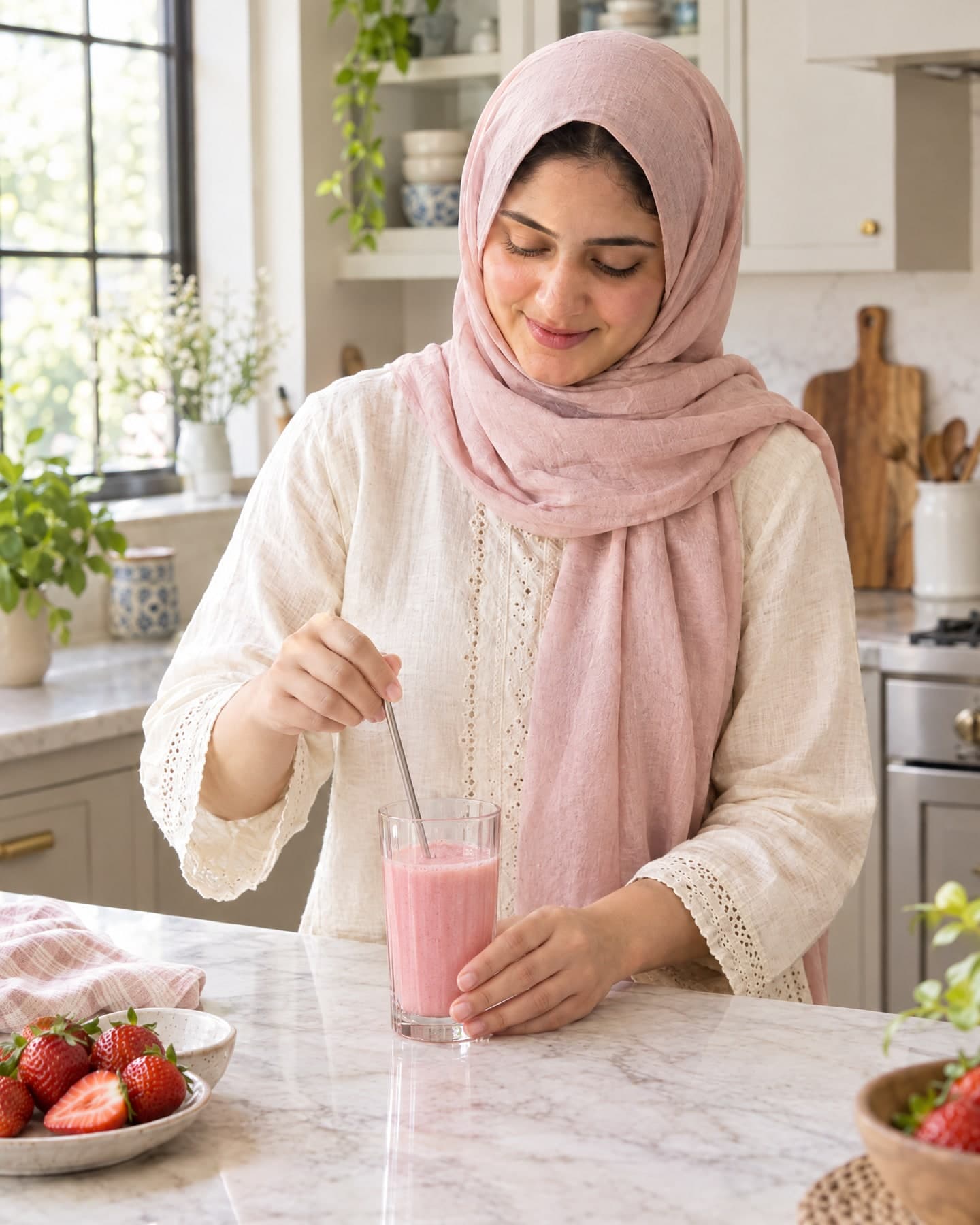 The same Pakistani woman in her blush-pink hijab stirring a glass of strawberry-pink drink in her bright kitchen