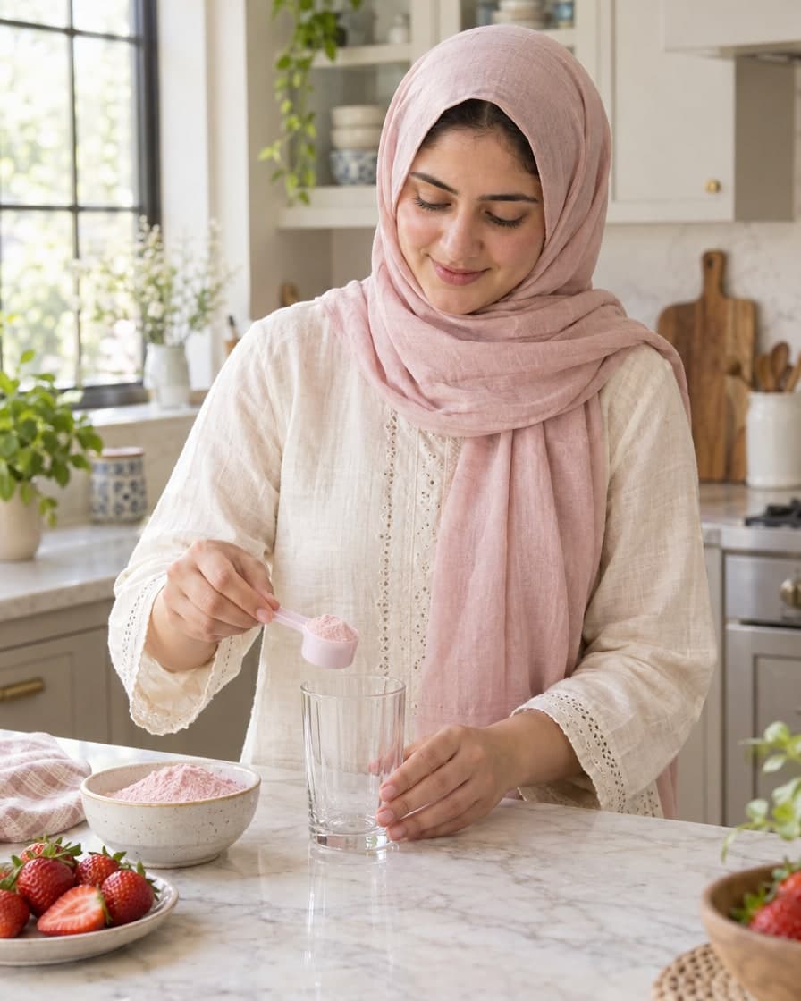 A Pakistani woman in a blush-pink hijab levelling a scoop of pink powder over a glass in her bright kitchen